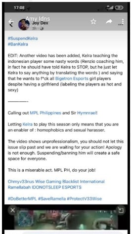 Kelra melakukan pelecehan seksual terhadap Bigetron Esports